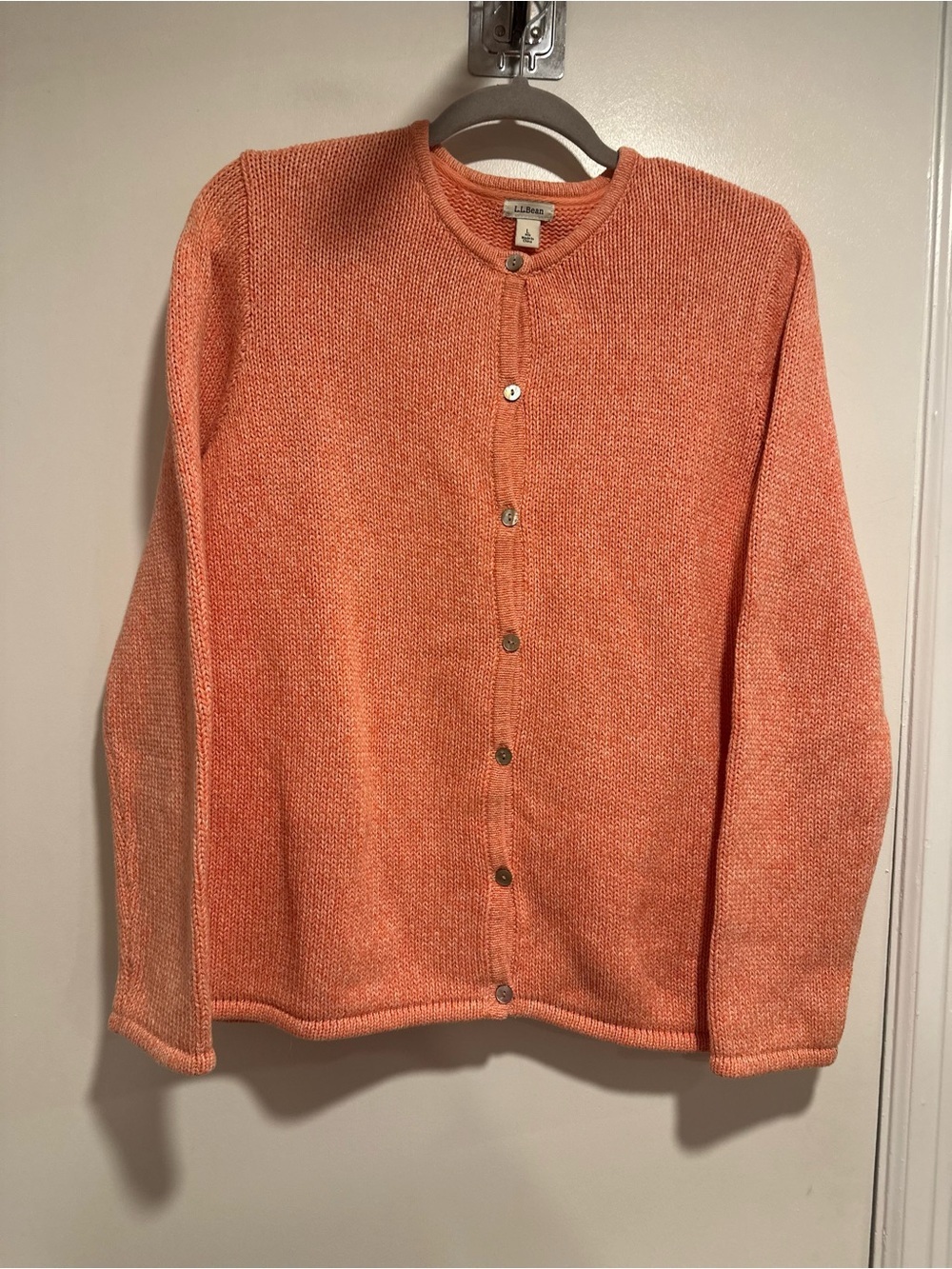 NWOT LL Bean vibrant peach Sz:L 100% cotton knit cardigan button-up front design